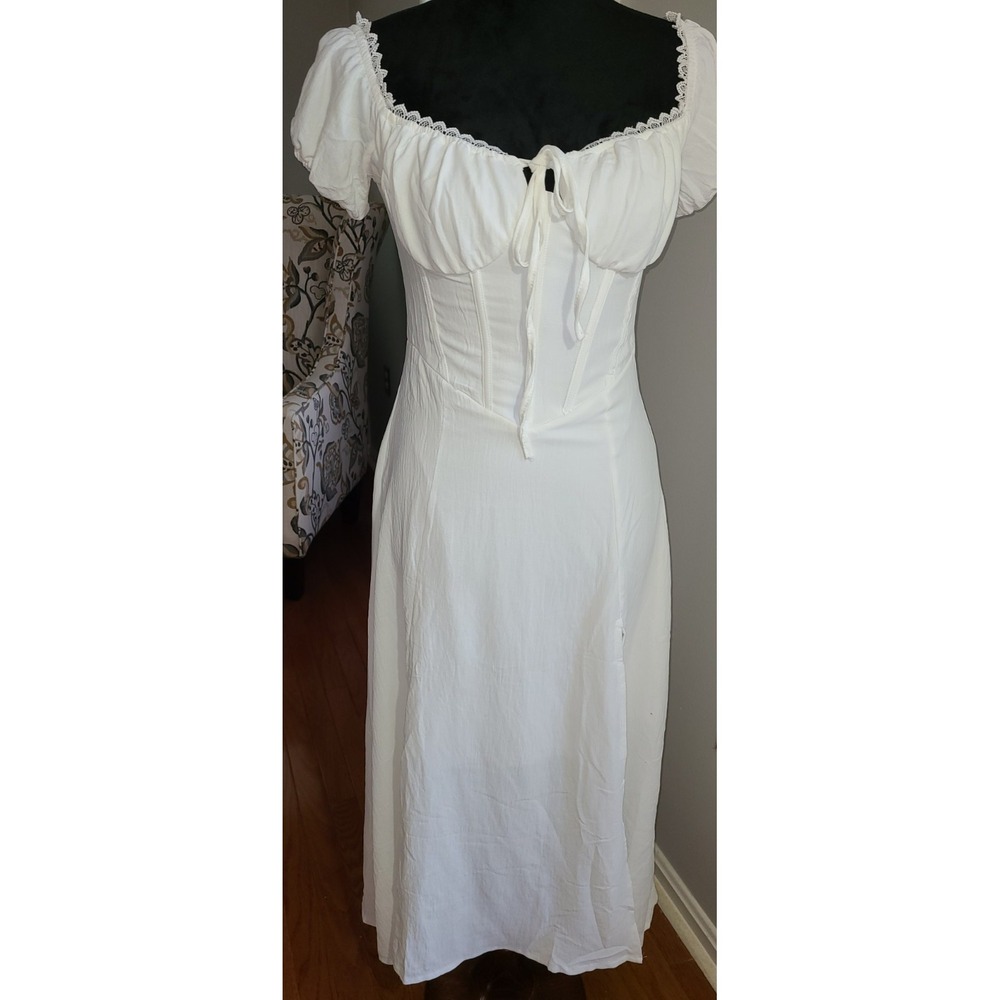 WHITE SMOCKED RUFFLE Off Shoulder Maxi High Slit Corset DRESS Med